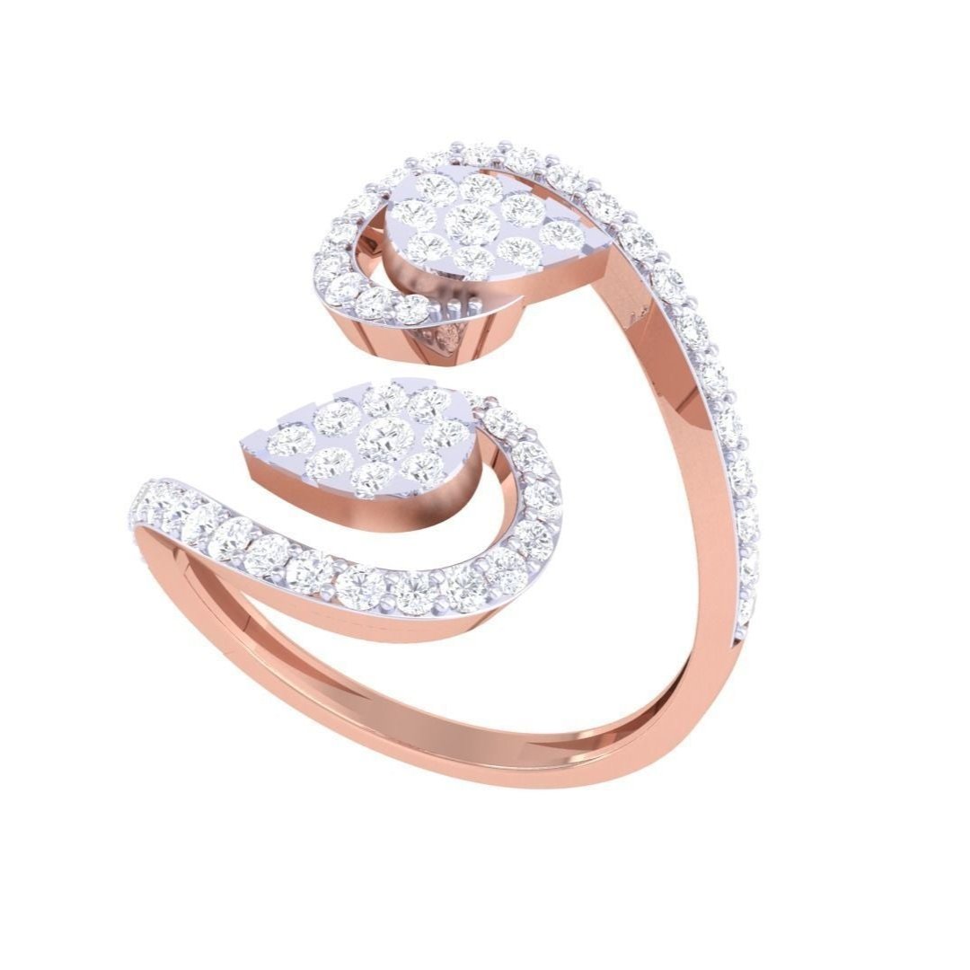 The Niraa Lucinda Diamond Ladies Ring features a unique spiral design with two heart-shaped diamond clusters. Crafted in gold, its elegant diamond-encrusted curves offer sparkle and sophistication. Each ring includes a diamond certificate.