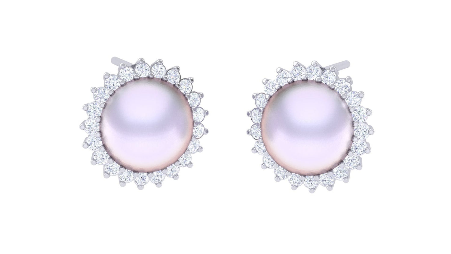 The Leilani Diamond Earrings by Niraa, part of our luxury collection, feature two round pearl studs with a soft pinkish hue, surrounded by a shimmering halo of sparkling diamonds, enhancing their elegance.
