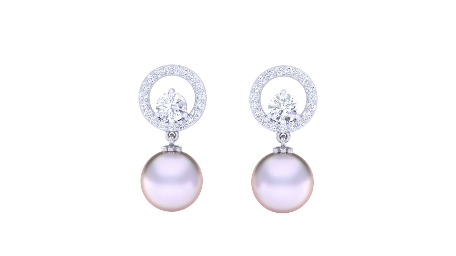 Introducing the Arya Diamond Pearl Earring by Niraa: elegant circular earrings featuring dazzling gold and diamonds, each with a central gem and a single hanging pinkish pearl. Includes a diamond certificate for authenticity.