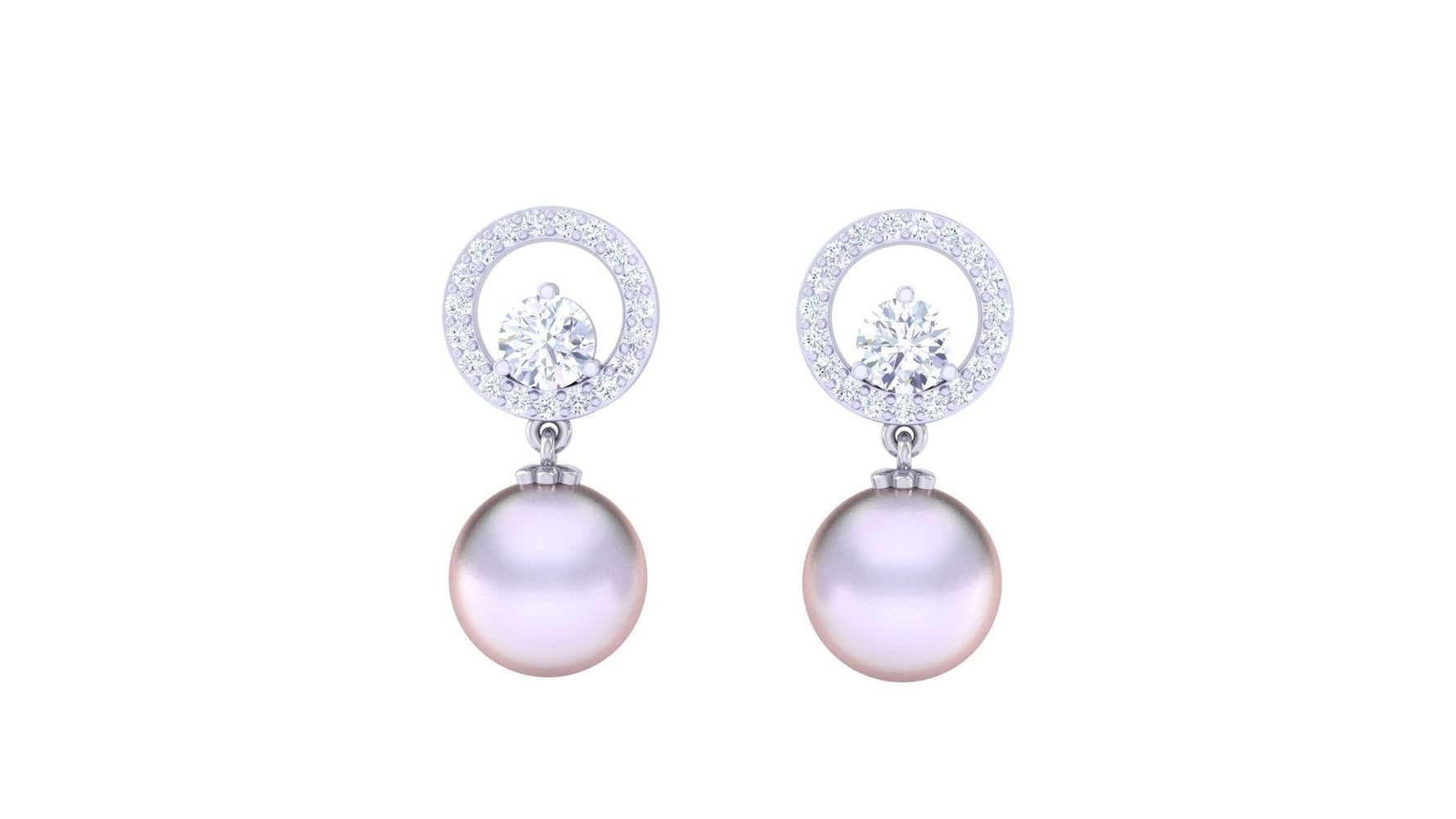 Introducing the Arya Diamond Pearl Earring by Niraa: elegant circular earrings featuring dazzling gold and diamonds, each with a central gem and a single hanging pinkish pearl. Includes a diamond certificate for authenticity.