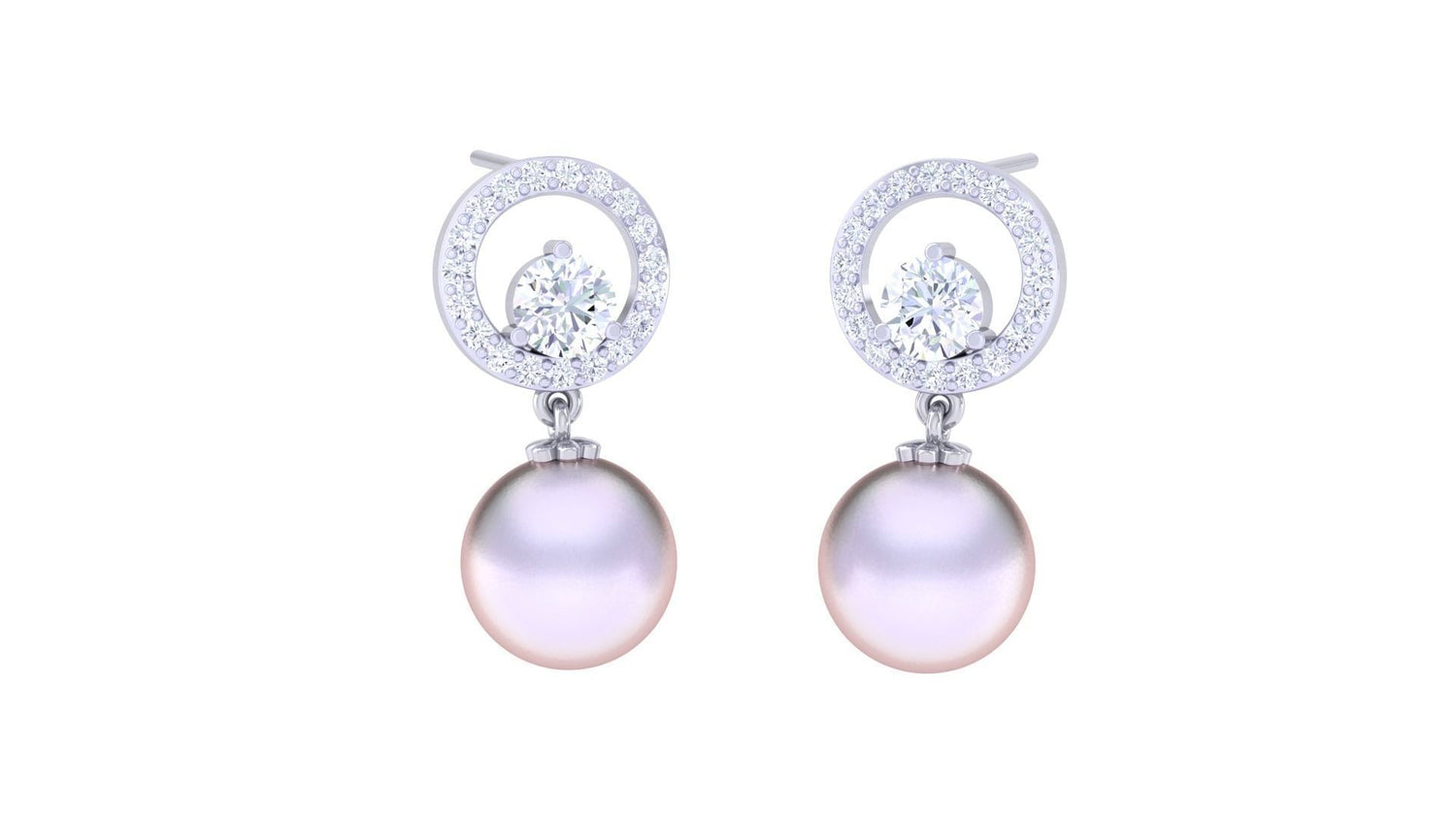 Introducing the Arya Diamond Pearl Earring by Niraa: elegant circular earrings featuring dazzling gold and diamonds, each with a central gem and a single hanging pinkish pearl. Includes a diamond certificate for authenticity.