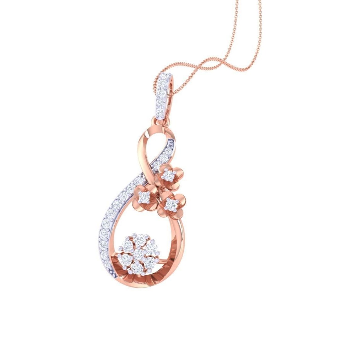 The Allyson Diamond Pendant by Niraa features a teardrop-shaped gold and silver design with sparkling diamonds. It boasts two small floral clusters and a larger central flower, all set with diamonds, hanging from a delicate gold chain. A perfect touch of elegance for any ensemble.