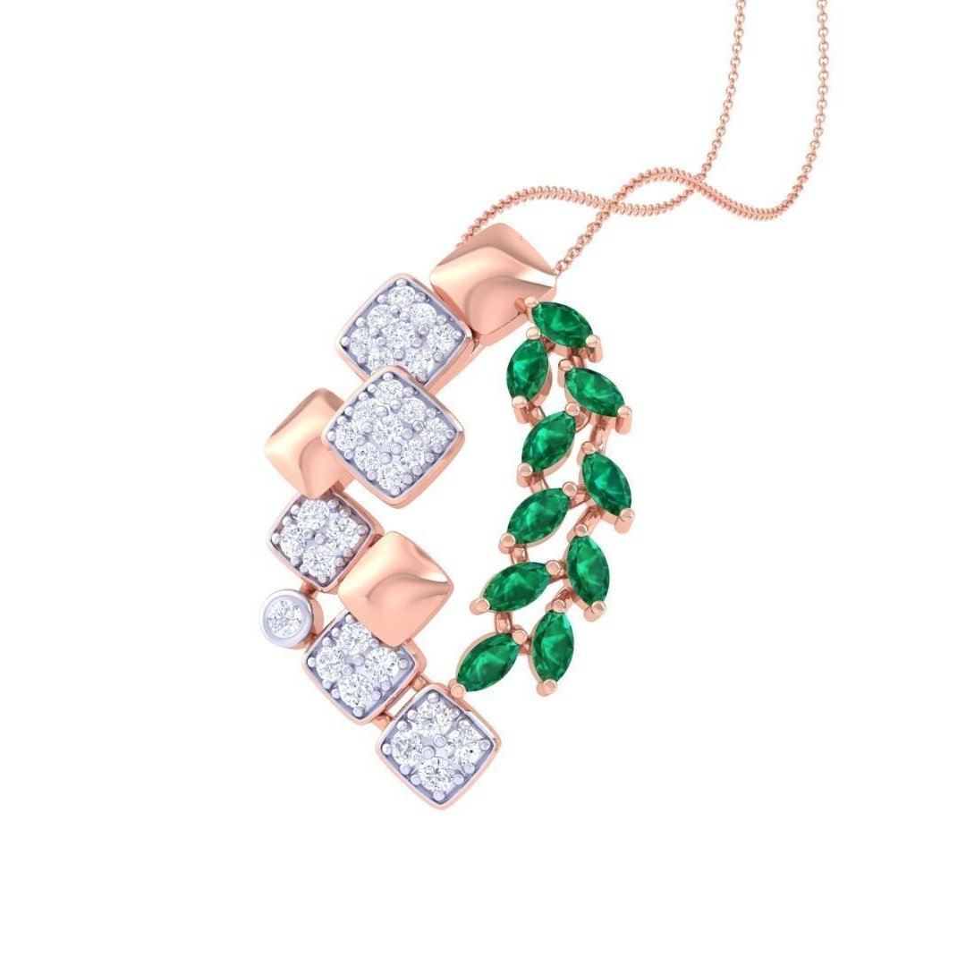 The Henley Diamond Pendant by Niraa features a luxurious gold chain with five sparkling gold squares on the left, adorned with clear gems. On the right, green marquise-shaped gems are arranged like leaves, creating a harmonious blend of elegance and nature-inspired beauty.