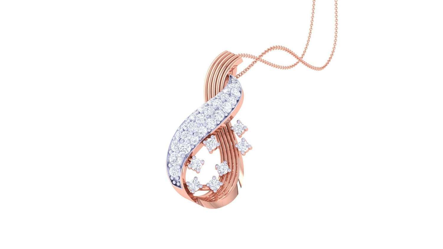 The Macy Diamond Pendant by Niraa showcases a twisted gold design, adorned with a row of sparkling diamonds and diamond clusters. It hangs elegantly from a delicate gold chain against a pristine white background.