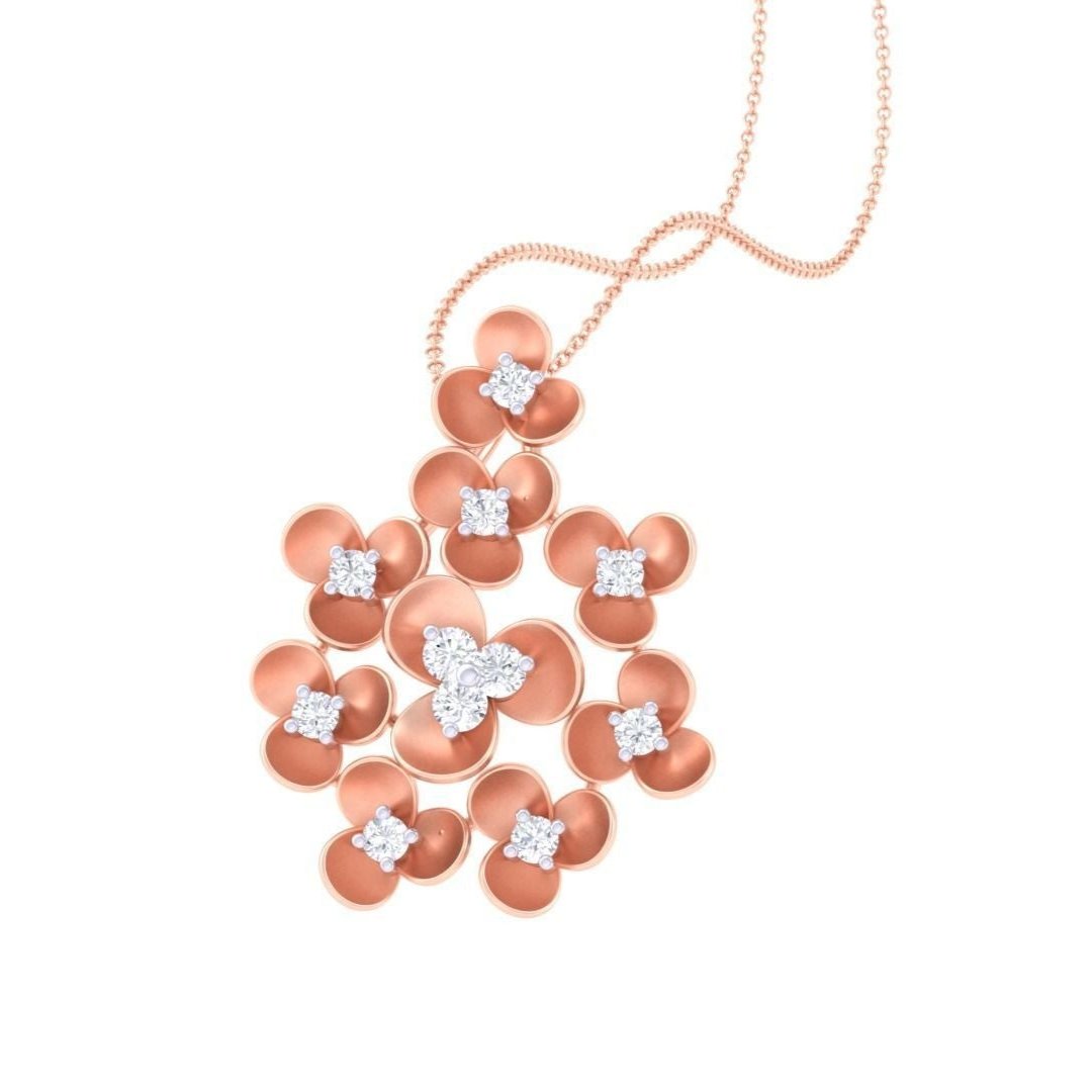 The Lauryn Diamond Pendant by Niraa is a gold necklace featuring a cluster of flower designs. Each flower has smooth gold petals and a central diamond, offering an elegant and intricate arrangement suitable for any occasion.