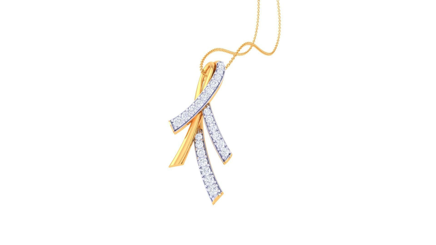 The Charley Diamond Pendant by Niraa elegantly showcases three intertwined strands—two adorned with small diamonds and one in plain gold. It hangs gracefully from a delicate gold chain, offering a stunning contrast on a white background.