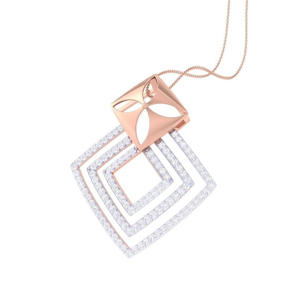 The Romina Diamond Pendant by Niraa is a gold necklace featuring an intricate geometric pendant with a gold square top, four cut-out petals, and three overlapping diamond-shaped frames with silver accents. Experience timeless elegance and artistry in one unique piece.