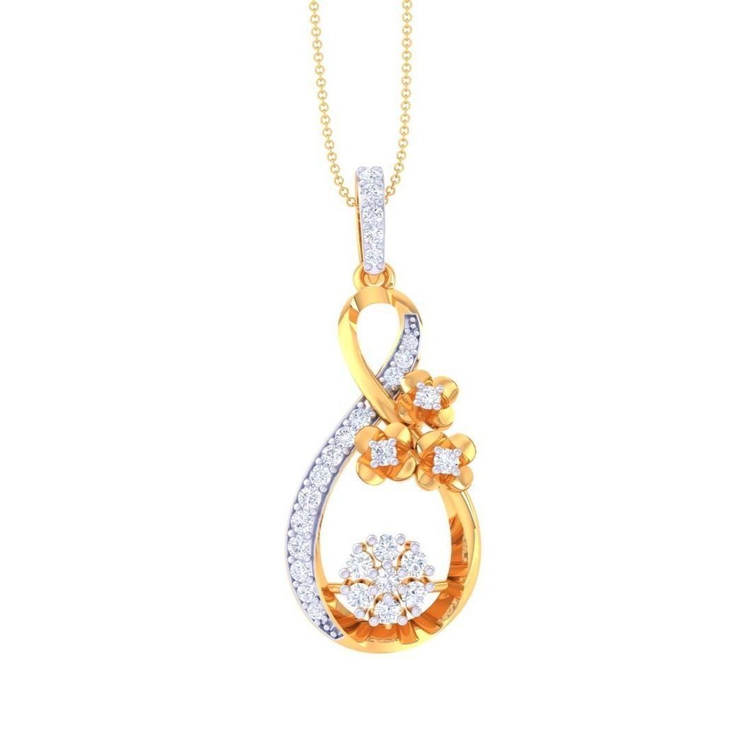 The Allyson Diamond Pendant by Niraa features a teardrop-shaped gold and silver design with sparkling diamonds. It boasts two small floral clusters and a larger central flower, all set with diamonds, hanging from a delicate gold chain. A perfect touch of elegance for any ensemble.