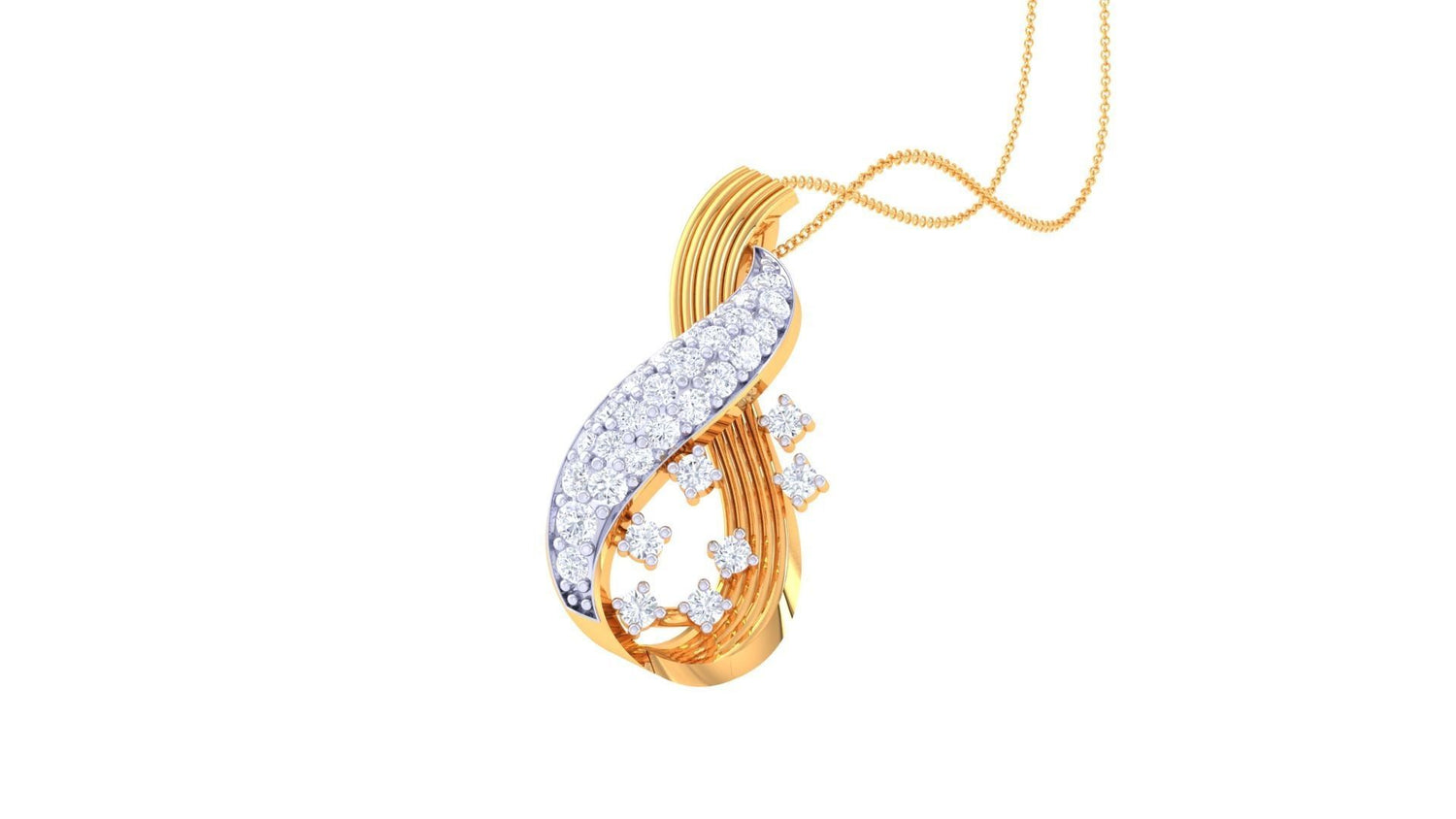 The Macy Diamond Pendant by Niraa showcases a twisted gold design, adorned with a row of sparkling diamonds and diamond clusters. It hangs elegantly from a delicate gold chain against a pristine white background.