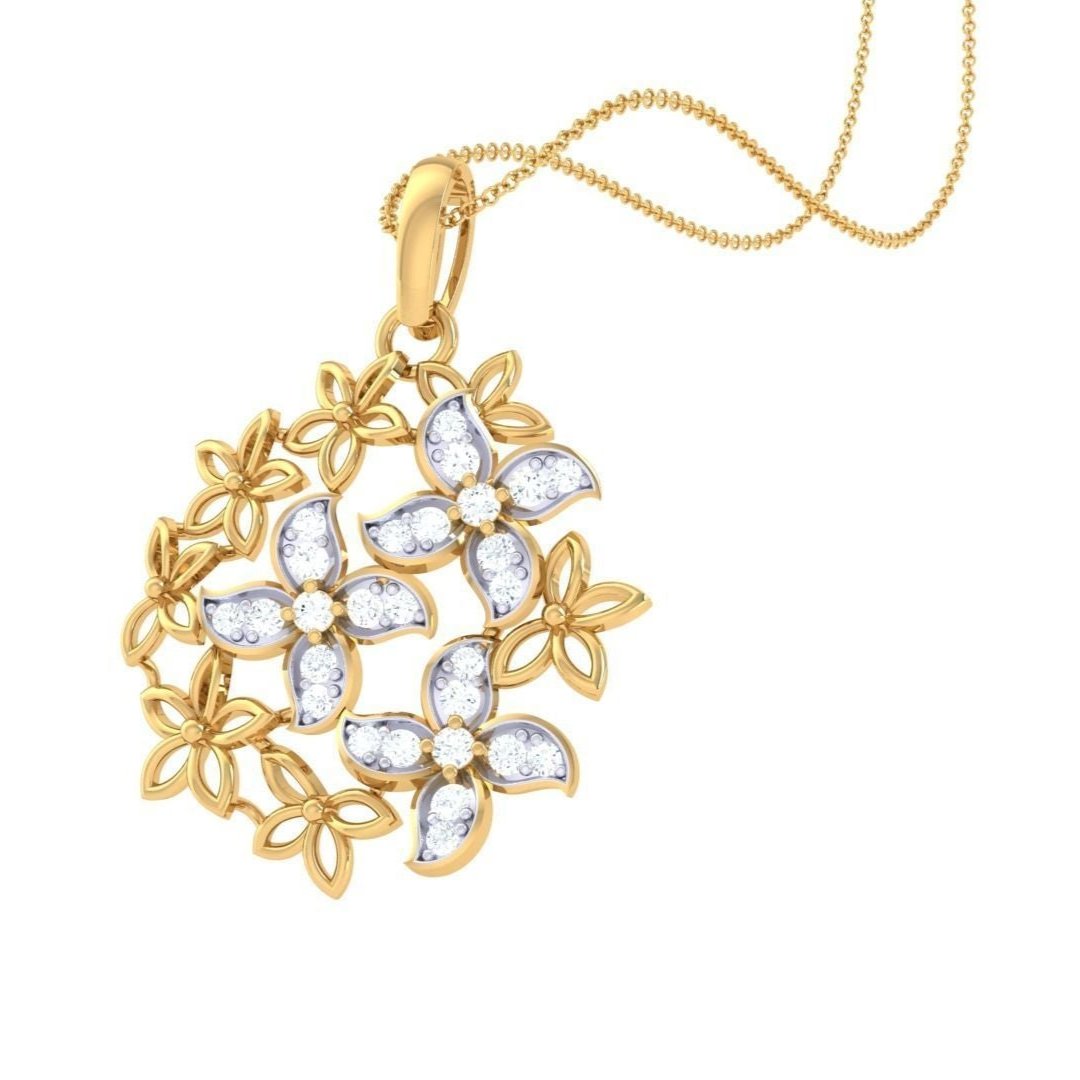 The Niraa Lillie Diamond Pendant features a charming floral motif with three diamond-studded flowers and smaller gold blooms, all elegantly hanging from a delicate chain.