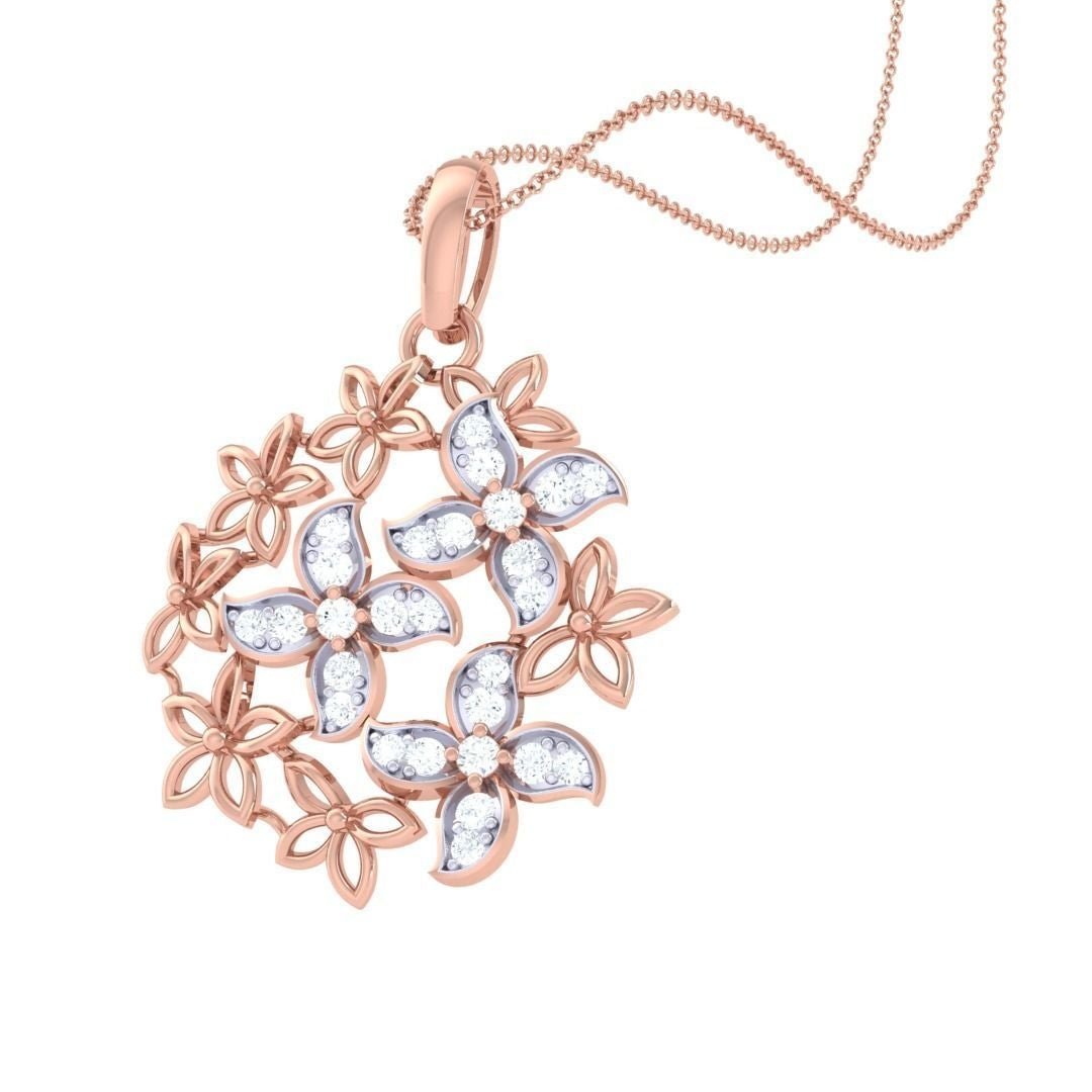 The Niraa Lillie Diamond Pendant features a charming floral motif with three diamond-studded flowers and smaller gold blooms, all elegantly hanging from a delicate chain.