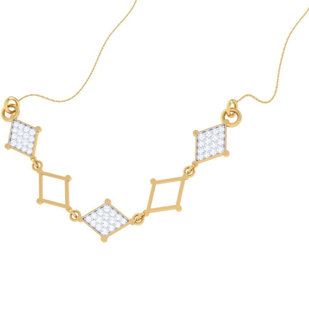 The Niraa Stevie Diamond Pendant is a gold necklace showcasing a geometric pattern with five diamond-accented squares linked at angles, connected by small gold chain links.