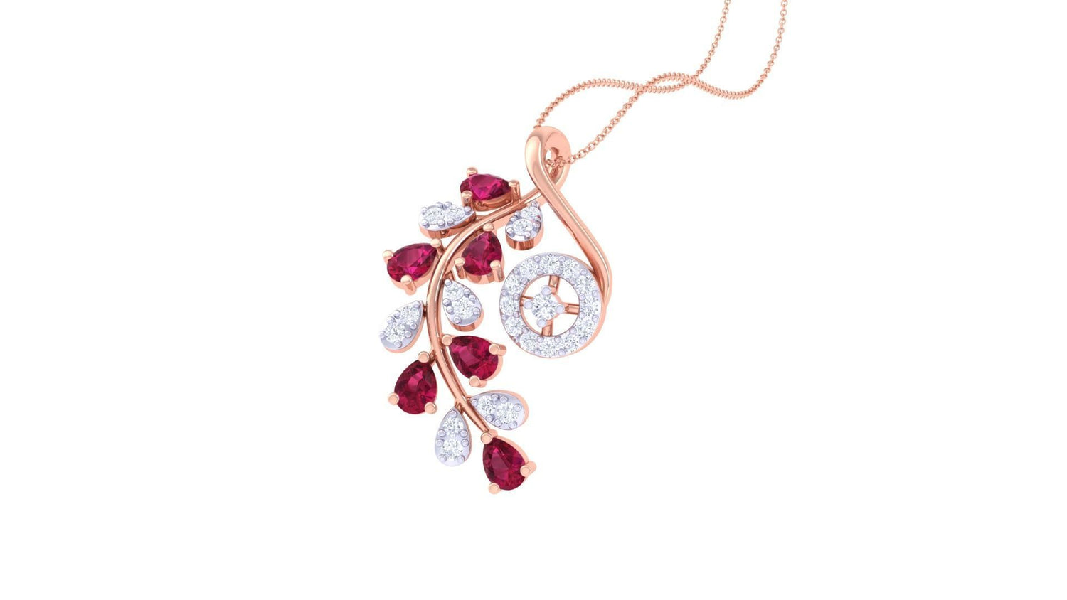 The Shiloh Diamond Pendant by Niraa features a gold swirl design with red and white stones in a floral motif. Elegantly hanging from a delicate gold chain, it stands out beautifully against a white backdrop.