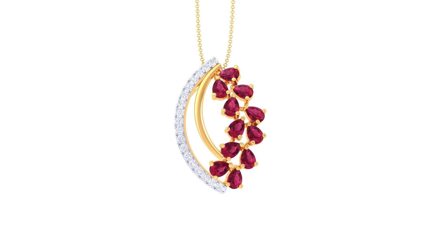 The Niraa Hanna Diamond Pendant features a curved gold design with small white diamonds on one side and teardrop-shaped red gemstones on the other, elegantly suspended from a fine gold chain.