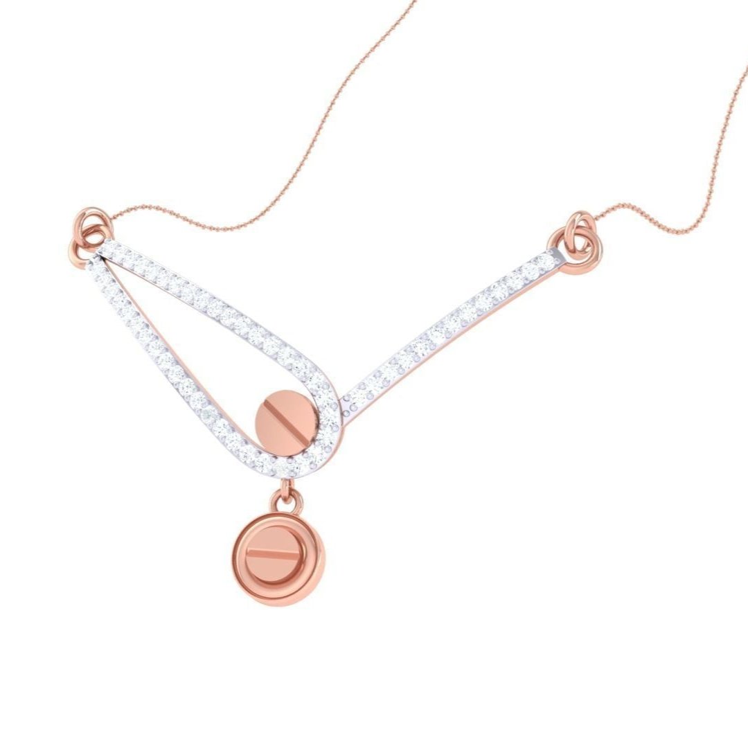 The Haylee Diamond Pendant by Niraa features a unique design with two overlapping gold arcs forming a loop, adorned with small white stones. A central circular charm boasts a striking geometric pattern, while the delicate thin chain adds elegance.