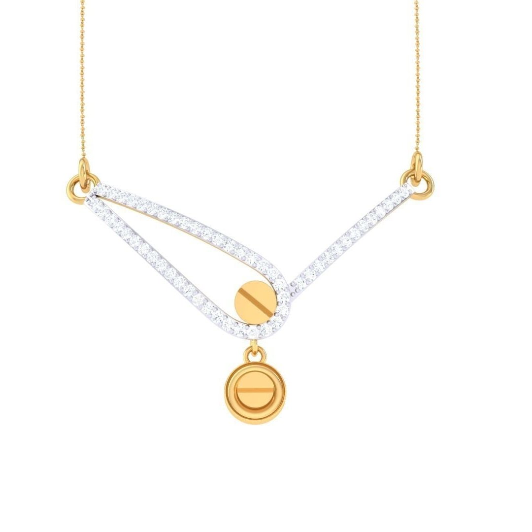 The Haylee Diamond Pendant by Niraa features a unique design with two overlapping gold arcs forming a loop, adorned with small white stones. A central circular charm boasts a striking geometric pattern, while the delicate thin chain adds elegance.