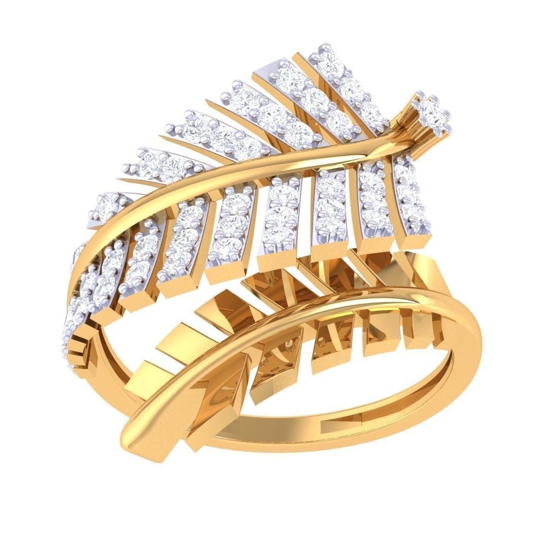 The Artemis Diamond Ladies Ring by Niraa is a luxurious gold accessory featuring overlapping leaves. Adorned with numerous small, sparkling diamonds along the edges, it boasts intricate detailing and shimmering gems for an elegant, opulent look.