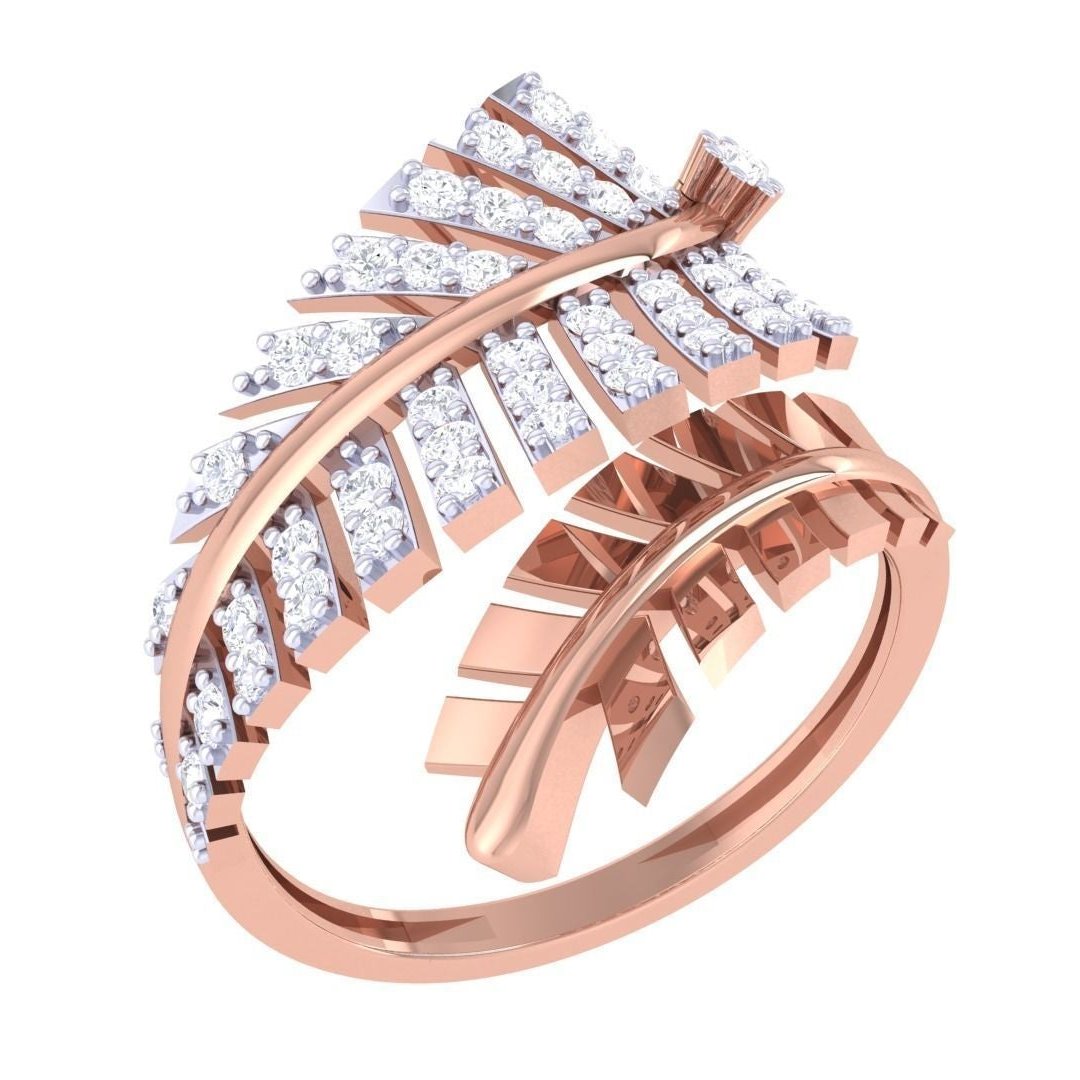 The Artemis Diamond Ladies Ring by Niraa is a luxurious gold accessory featuring overlapping leaves. Adorned with numerous small, sparkling diamonds along the edges, it boasts intricate detailing and shimmering gems for an elegant, opulent look.