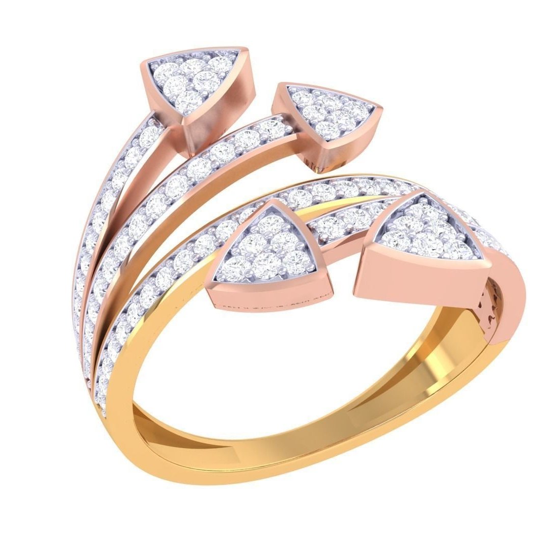 The Antoinette Diamond Ladies Ring by Niraa is a luxurious gold piece with a modern design featuring three arrow-shaped accents, each adorned with sparkling diamonds on their curves and tips, exuding elegance.
