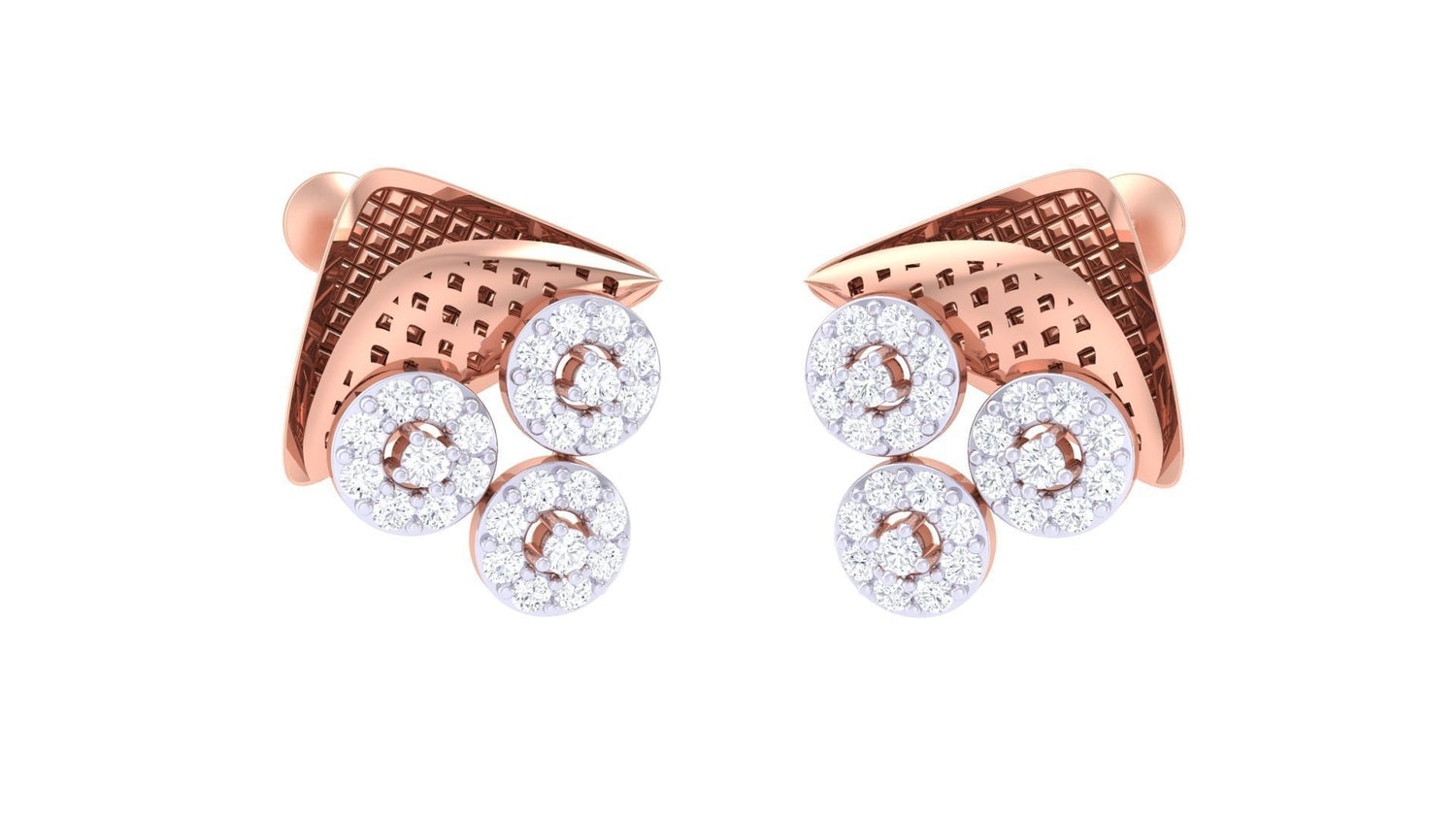 The luxurious Sophie Diamond Earrings by Niraa feature a triangular gold top with three diamond-studded clusters, blending geometric and floral elements for those who demand elegance and sophistication.