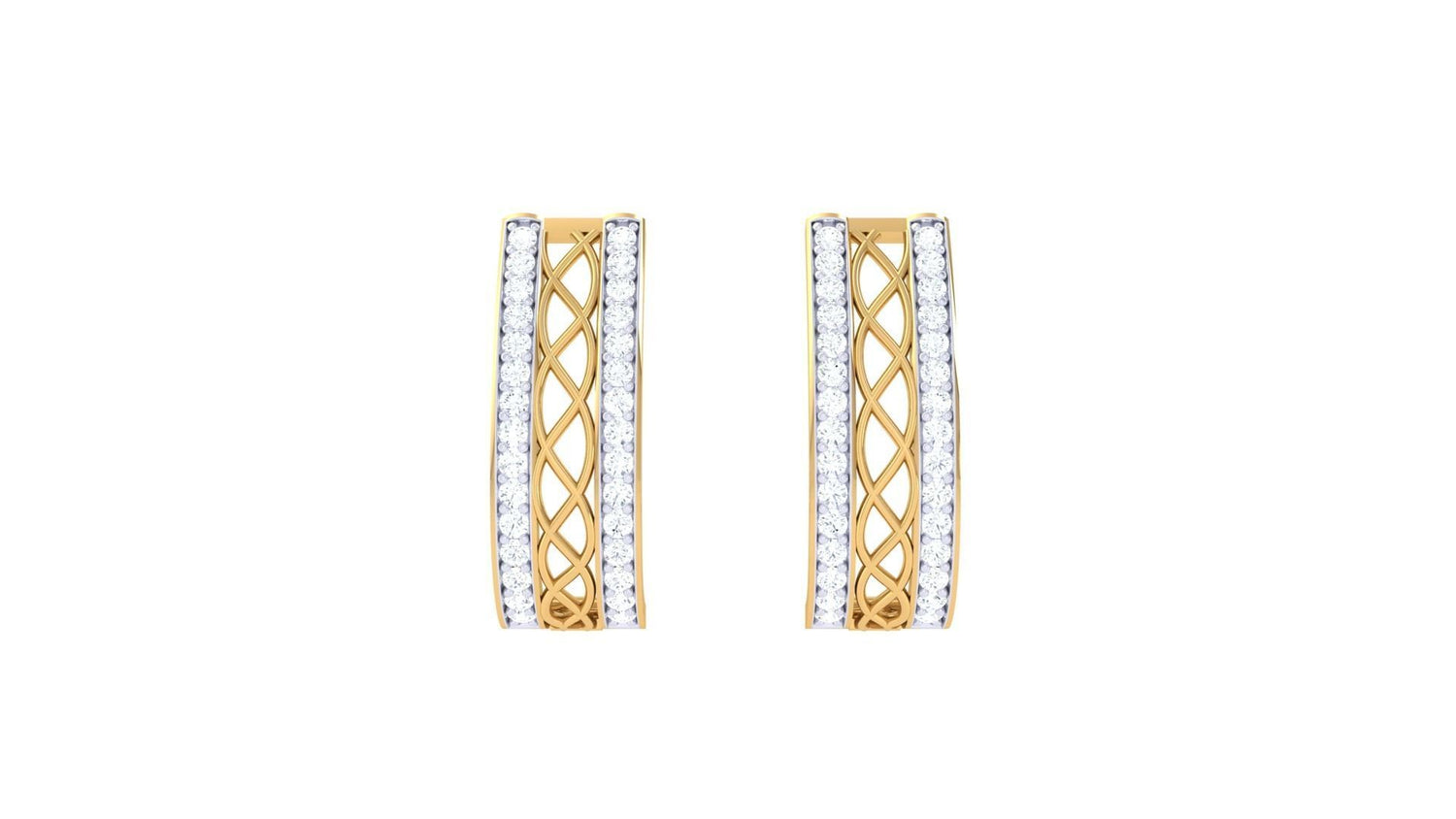 Introducing the luxurious Nevaeh Diamond Earrings from Niraa, featuring a graceful curved design with intricate crisscross patterns and two rows of shimmering diamonds along the edges for an elegantly captivating look.