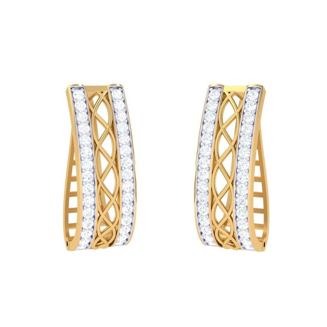 Introducing the luxurious Nevaeh Diamond Earrings from Niraa, featuring a graceful curved design with intricate crisscross patterns and two rows of shimmering diamonds along the edges for an elegantly captivating look.