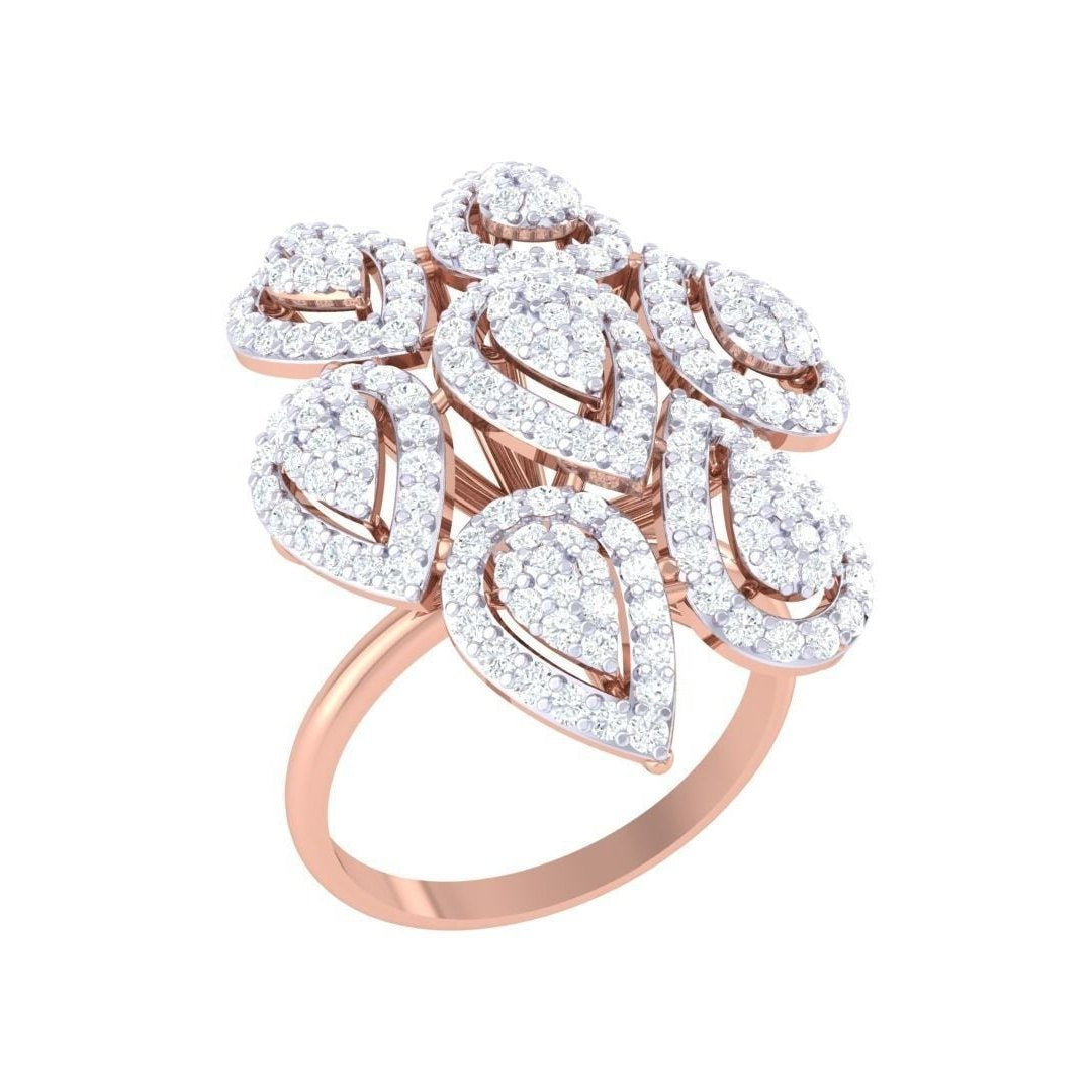 The Daisy Diamond Ladies Ring by Niraa showcases a floral pattern with seven teardrop-shaped settings adorned with small sparkling diamonds, all crafted in gold, offering timeless elegance for any occasion.