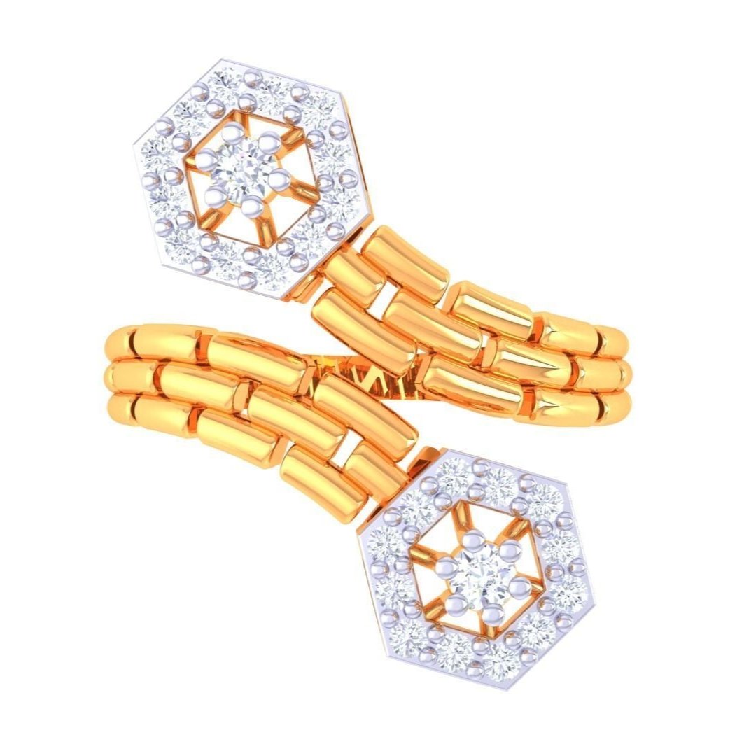 The luxurious gold bracelet, featuring a double band design and two octagonal diamond-encrusted ends, elegantly complements the Estella Diamond Ladies Ring by Niraa.