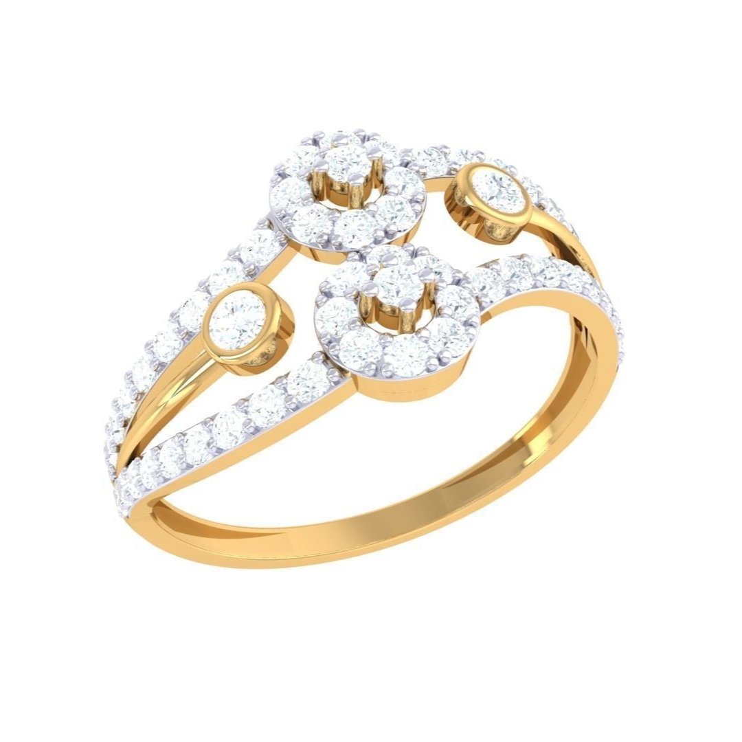 Introducing the Mira Diamond Ladies Ring by Niraa, a striking gold piece featuring three circular clusters of sparkling diamonds. The open band is embellished with additional diamonds and includes a Diamond Certificate for authenticity.