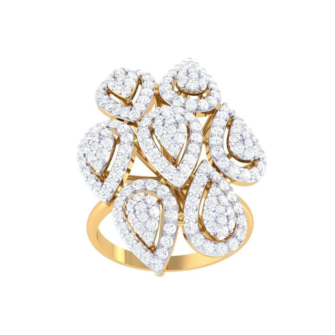 The Daisy Diamond Ladies Ring by Niraa showcases a floral pattern with seven teardrop-shaped settings adorned with small sparkling diamonds, all crafted in gold, offering timeless elegance for any occasion.