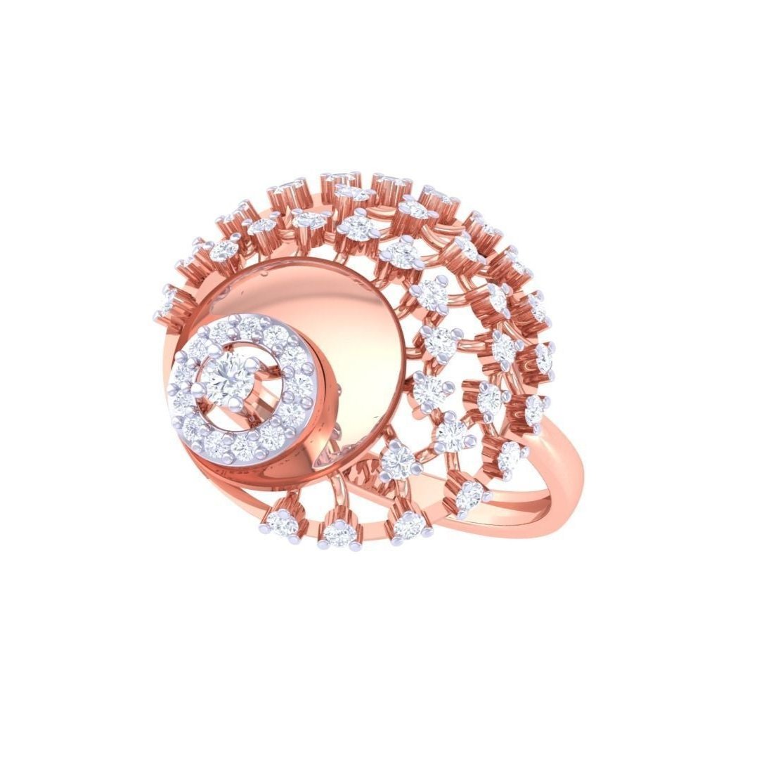 The Zoey Diamond Ladies Ring by Niraa showcases an intricate gold circular pattern with white diamond accents. It features a central raised circle with diamonds and an outer web-like design adorned with diamond clusters, complete with a Diamond Certificate for assurance.