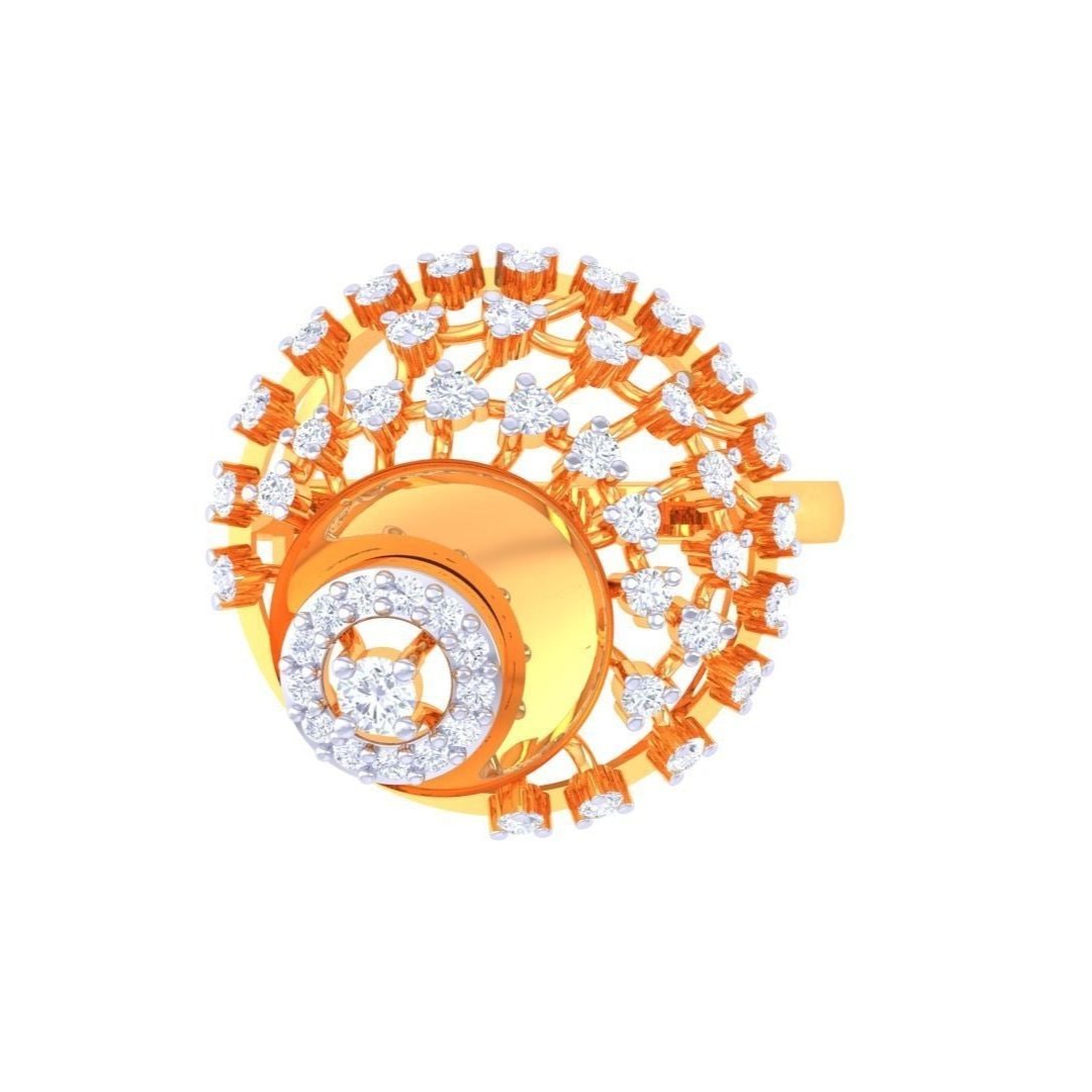 The Zoey Diamond Ladies Ring by Niraa showcases an intricate gold circular pattern with white diamond accents. It features a central raised circle with diamonds and an outer web-like design adorned with diamond clusters, complete with a Diamond Certificate for assurance.
