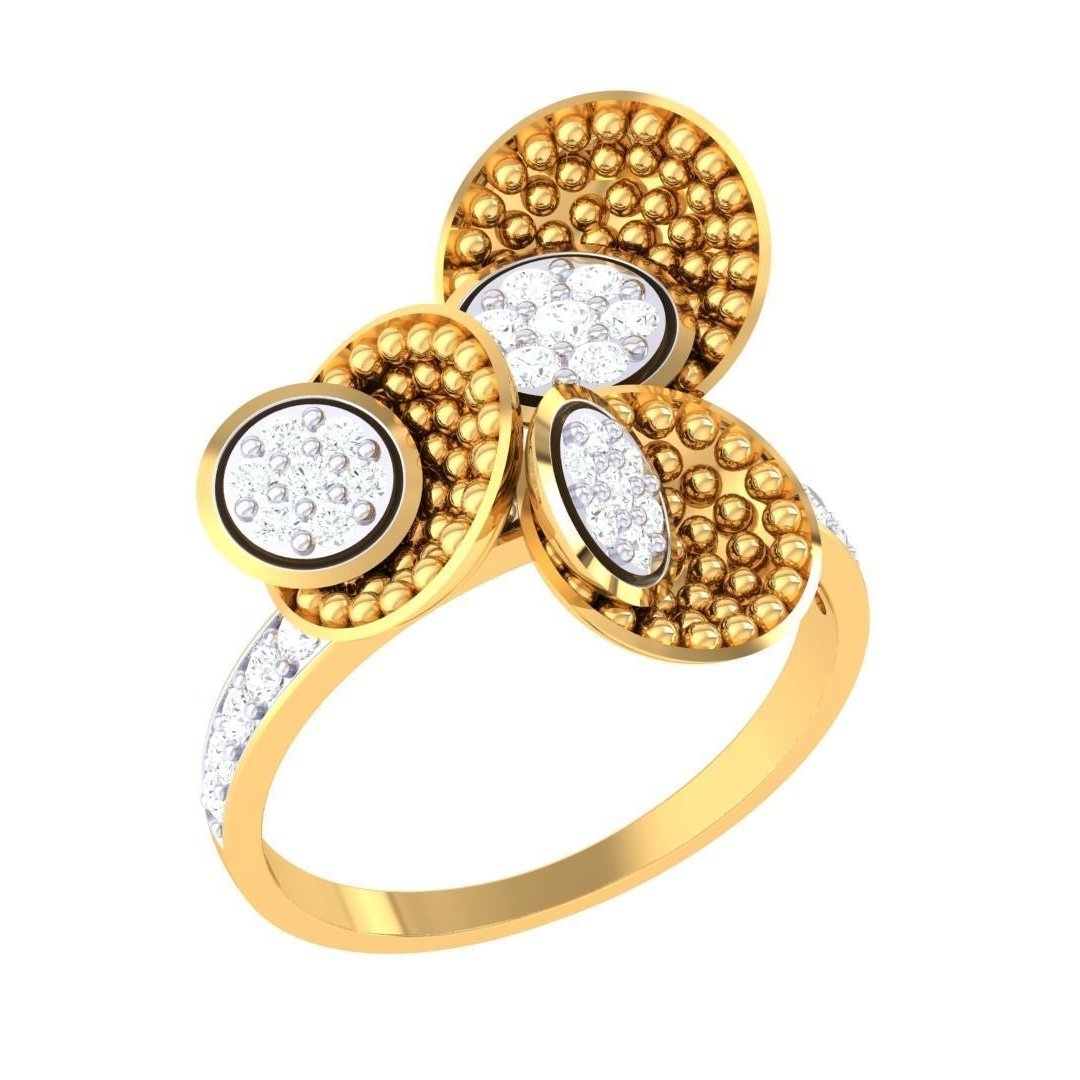 The Noah Diamond Ladies Ring by Niraa features an intricate gold design with three circular clusters, each adorned with small gold beads and white gemstones. A smooth band partially encrusted with white stones completes this elegant piece, delivered in quality packaging for safekeeping.