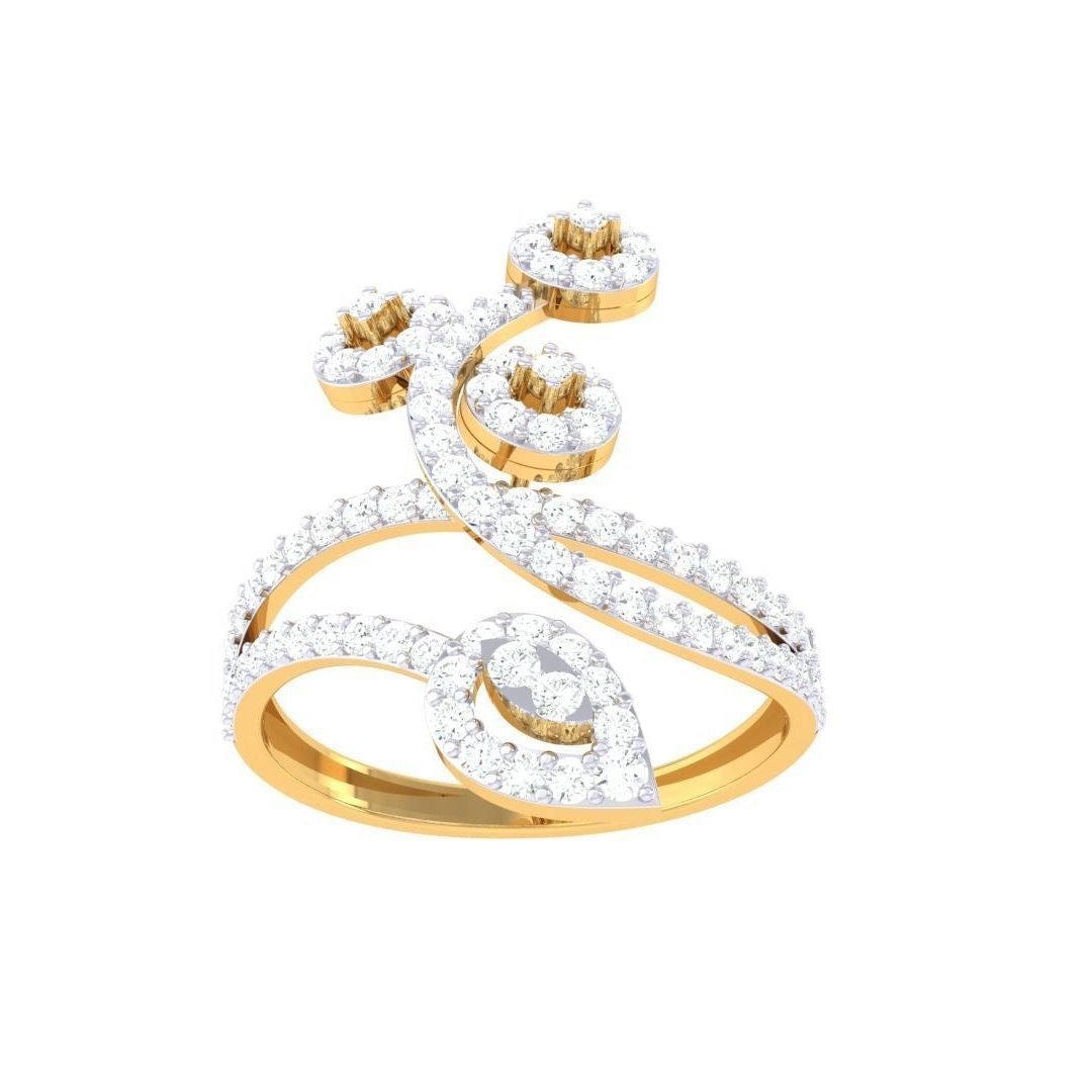 The Mason Diamond Ladies Ring by Niraa features a detailed gold design with sparkling white stones. It showcases three floral clusters surrounding a teardrop shape, offering elegance and shine, all presented in our premium packaging.
