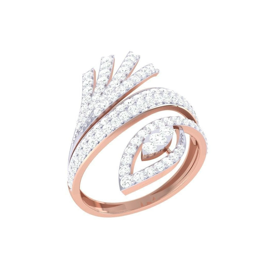 The Niraa Isabella Diamond Ladies Ring features an abstract gold design with overlapping bands adorned with sparkling diamonds, topped by a fan-like diamond arrangement. Each stone is certified for authenticity and brilliance, creating an exquisite artistic pattern.
