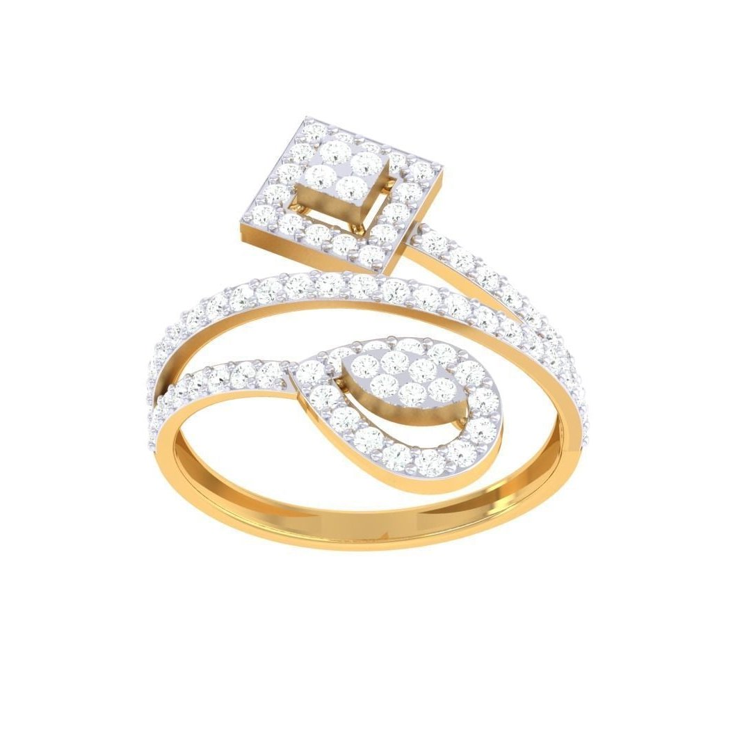 Indulge in luxury with Niraas Elora Diamond Ladies Ring, featuring a unique spiral design with diamond-encrusted square and circle shapes. The elegantly split band wraps around these sparkling elements, crafting an exquisite modern look.