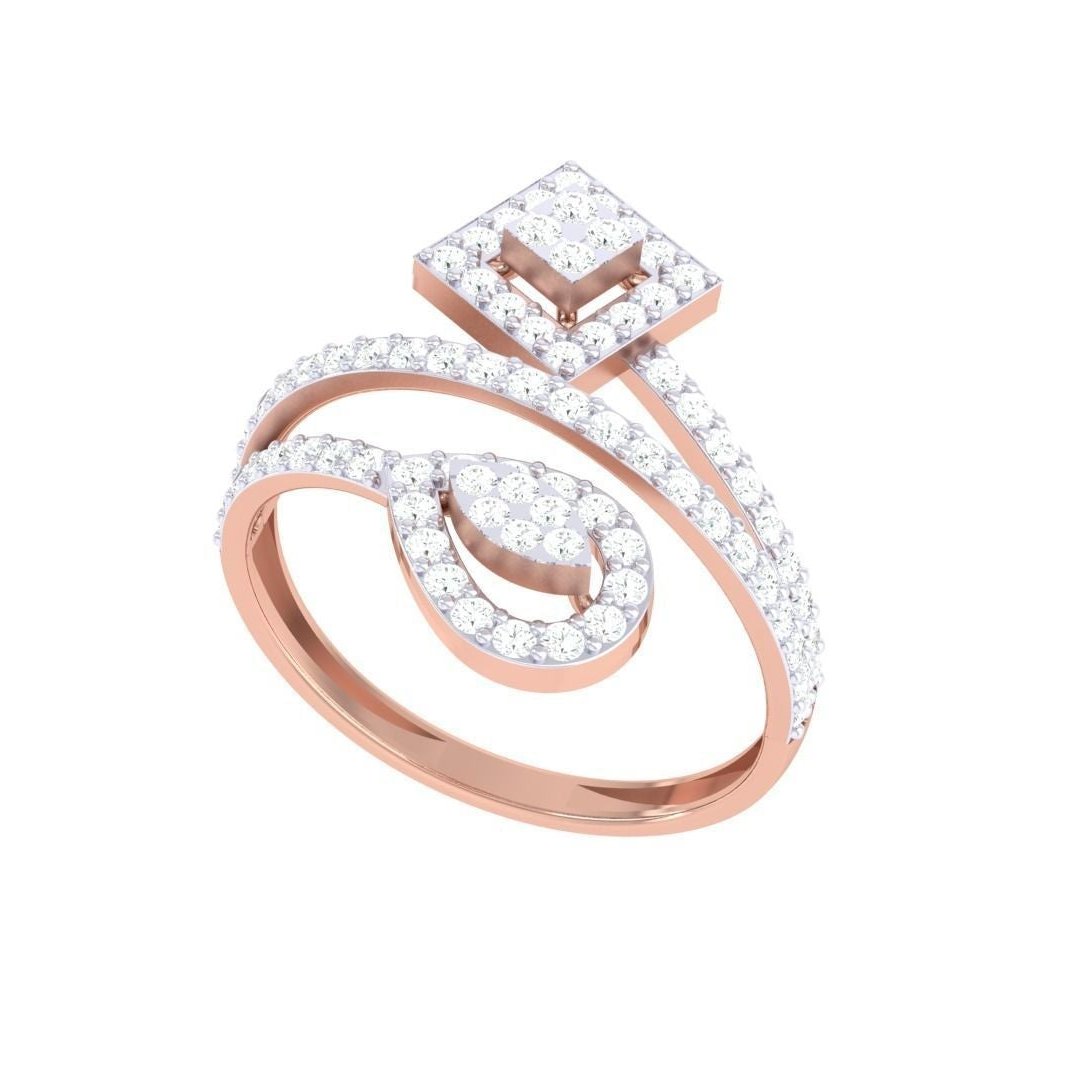 Indulge in luxury with Niraas Elora Diamond Ladies Ring, featuring a unique spiral design with diamond-encrusted square and circle shapes. The elegantly split band wraps around these sparkling elements, crafting an exquisite modern look.