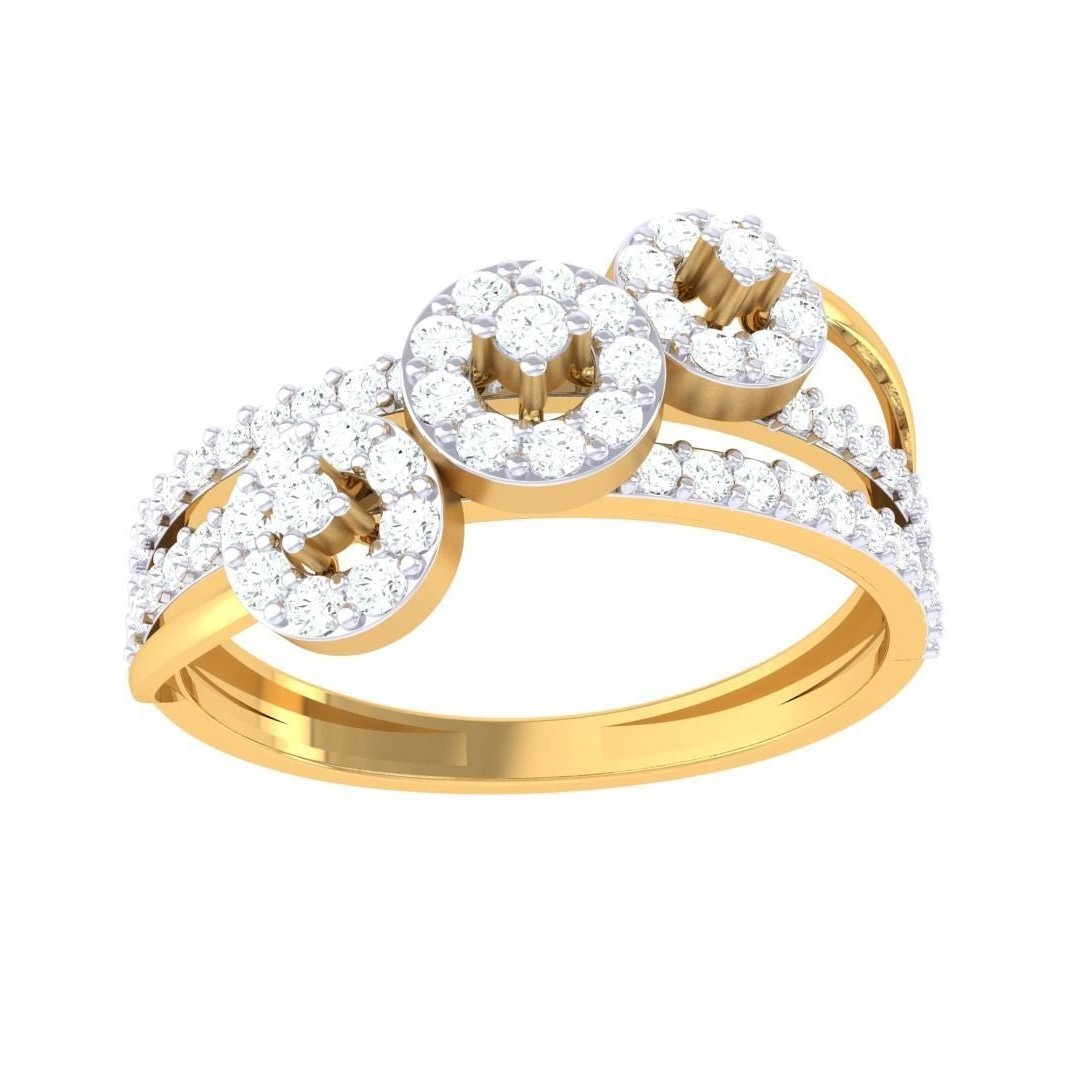 Explore the allure of Niraas Evelyn Diamond Ladies Ring. This exquisite jewelry piece features three circular clusters of small diamonds set in gold, with a central larger cluster flanked by two smaller ones. The band is embellished with additional diamonds for added brilliance.
