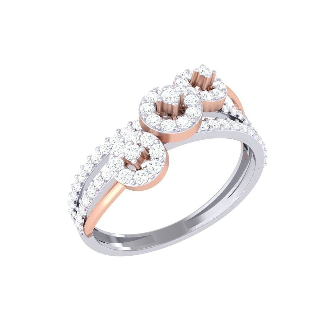 Explore the allure of Niraas Evelyn Diamond Ladies Ring. This exquisite jewelry piece features three circular clusters of small diamonds set in gold, with a central larger cluster flanked by two smaller ones. The band is embellished with additional diamonds for added brilliance.