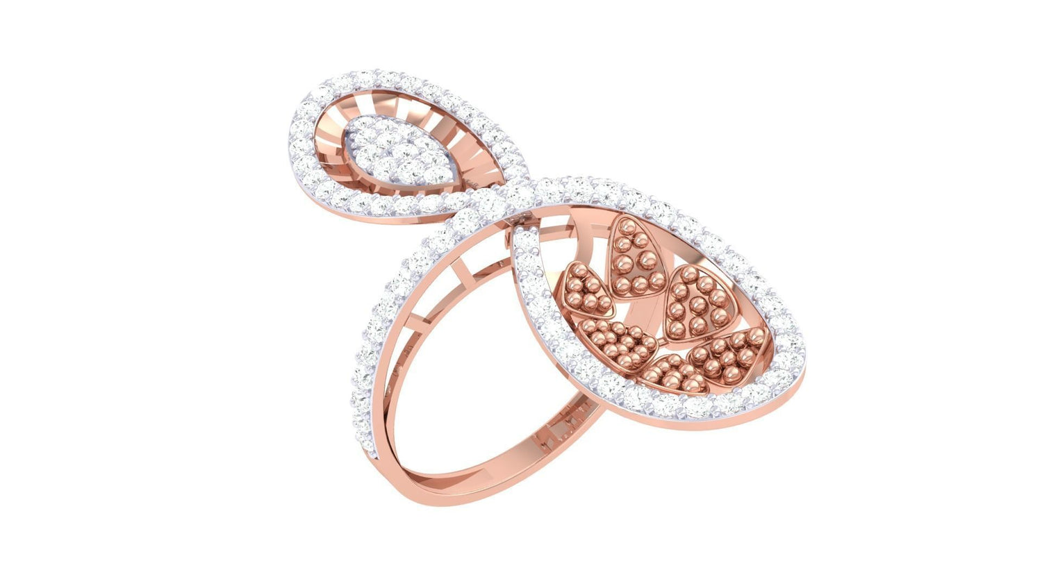 The Victoria Diamond Ladies Ring by Niraa features a stunning gold infinity design. One loop has textured gold beads in a leaf pattern, while the other sparkles with diamonds. It includes a diamond certificate for assurance.
