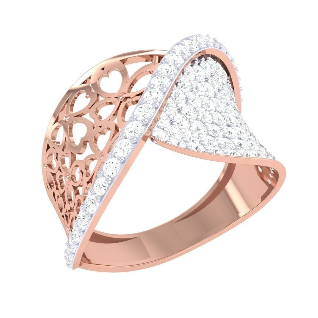 The Niraa Cia Diamond Ladies Ring is a gold and diamond ring featuring an intricate heart-patterned design. Its encrusted with sparkling diamonds for a flowing, elegant look and includes a Diamond Certificate for authenticity assurance.