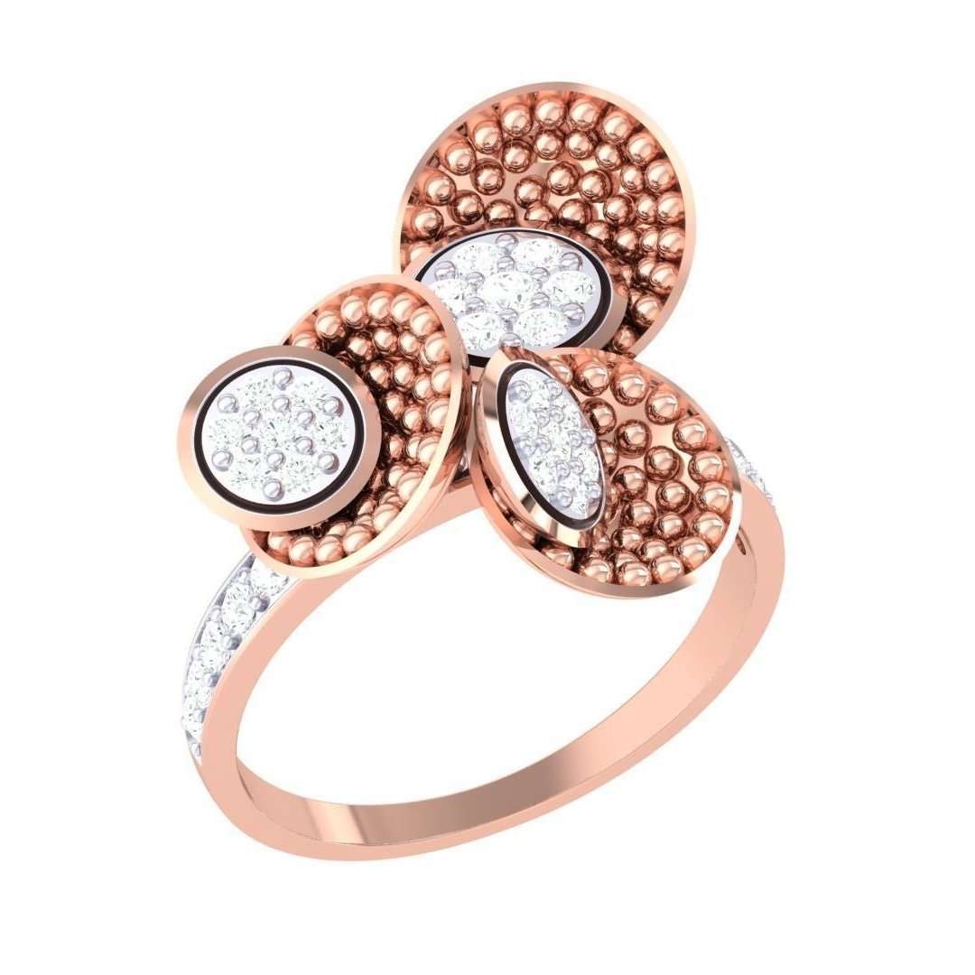 The Noah Diamond Ladies Ring by Niraa features an intricate gold design with three circular clusters, each adorned with small gold beads and white gemstones. A smooth band partially encrusted with white stones completes this elegant piece, delivered in quality packaging for safekeeping.