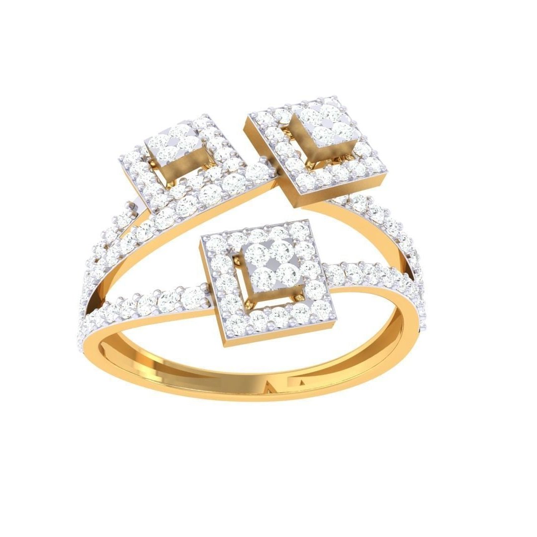 The Ana Diamond Ladies Ring by Niraa showcases three square gold and diamond clusters, each adorned with smaller gems. The band artistically splits to support the clusters, exuding a modern geometric charm. Includes a diamond certificate for assurance.