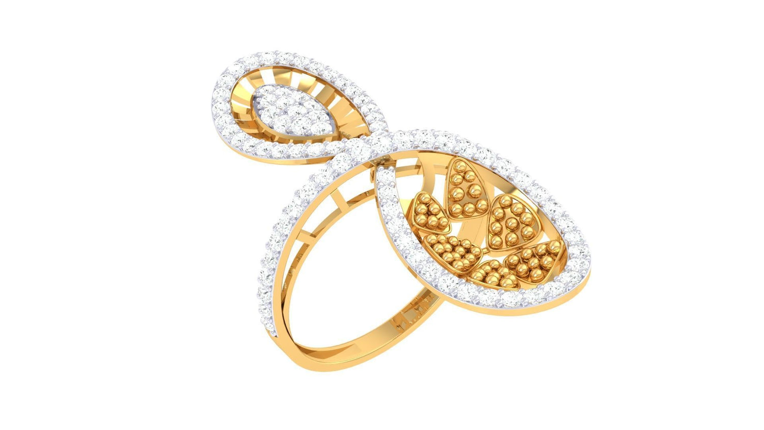 The Victoria Diamond Ladies Ring by Niraa features a stunning gold infinity design. One loop has textured gold beads in a leaf pattern, while the other sparkles with diamonds. It includes a diamond certificate for assurance.