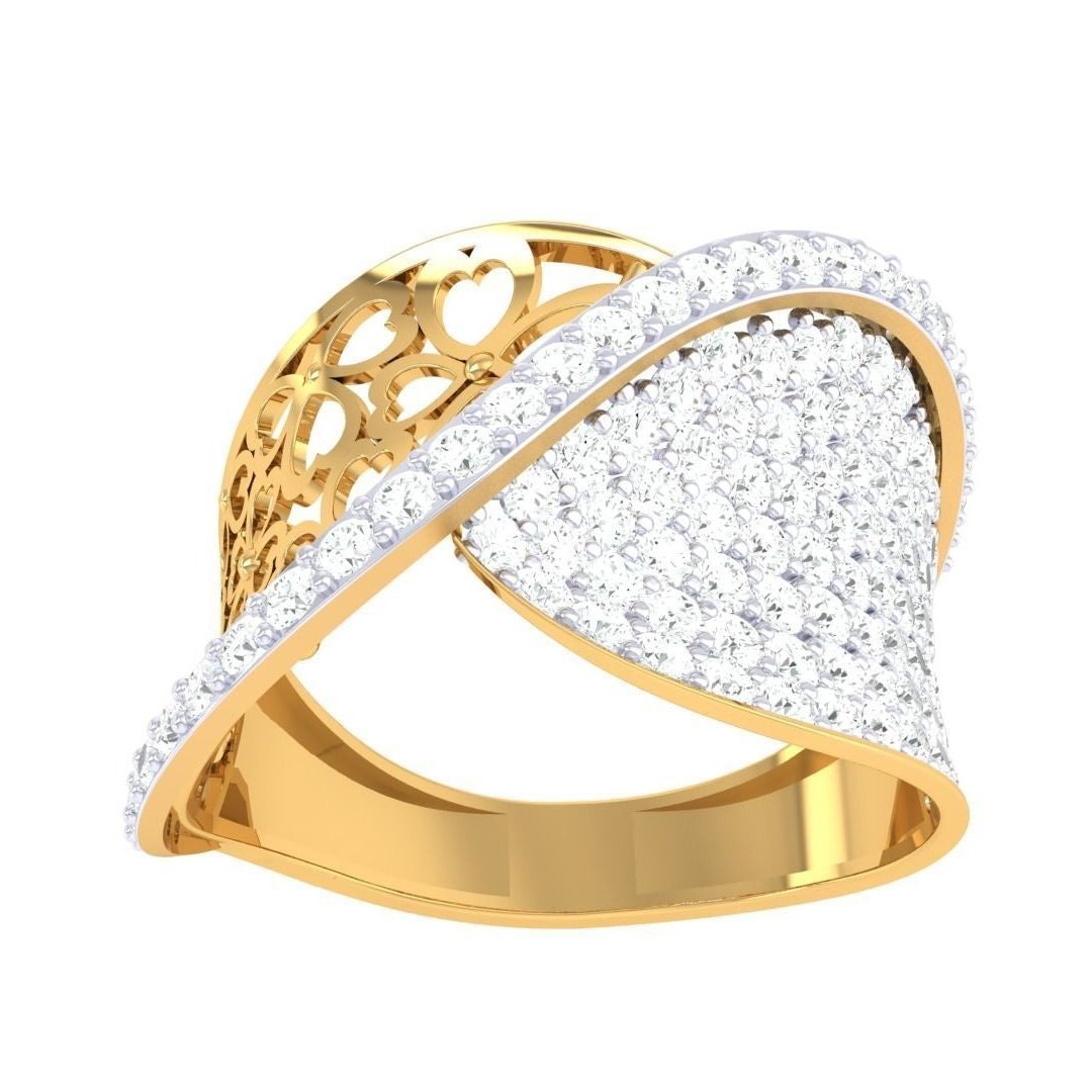 The Niraa Cia Diamond Ladies Ring is a gold and diamond ring featuring an intricate heart-patterned design. Its encrusted with sparkling diamonds for a flowing, elegant look and includes a Diamond Certificate for authenticity assurance.