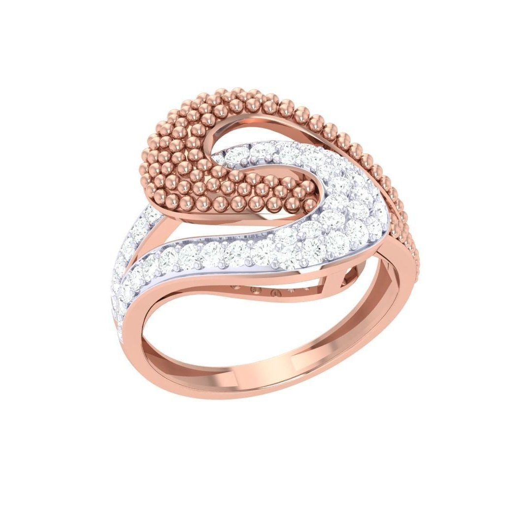 Indulge in the luxury of Niraas Morganna Diamond Ladies Ring, featuring an abstract intertwined gold design adorned with small beads and dazzling white gems for unparalleled elegance.
