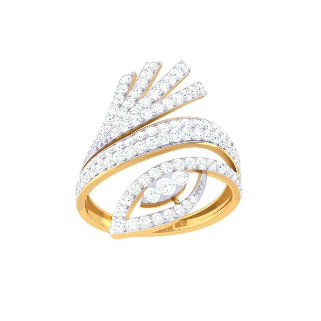 The Niraa Isabella Diamond Ladies Ring features an abstract gold design with overlapping bands adorned with sparkling diamonds, topped by a fan-like diamond arrangement. Each stone is certified for authenticity and brilliance, creating an exquisite artistic pattern.