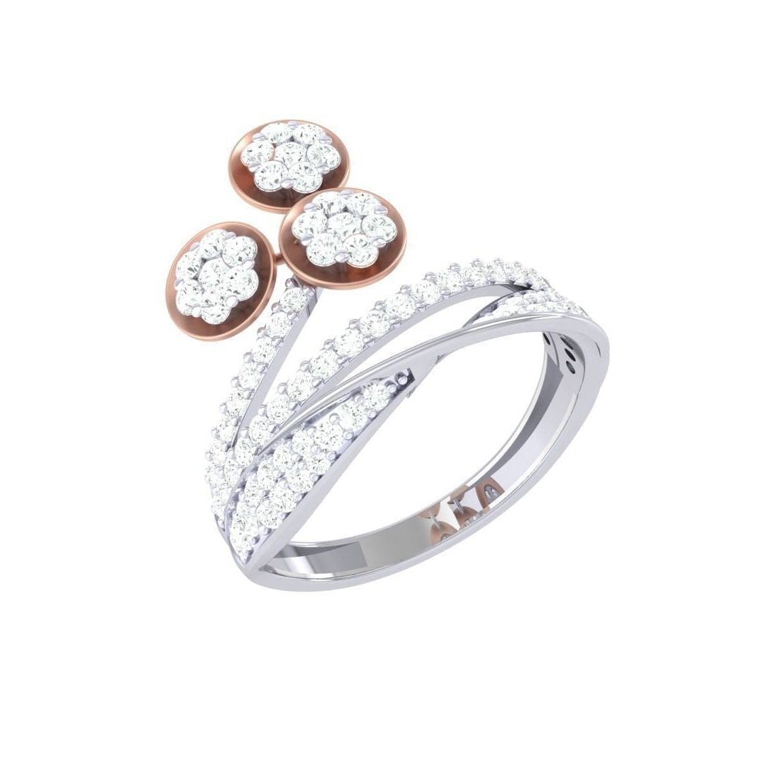The Marielle Diamond Ladies Ring by Niraa features a gold band with three flower-shaped diamond clusters and two intersecting diamond-encrusted bands, creating an elegant and intricate design. It includes a diamond certificate for added assurance.