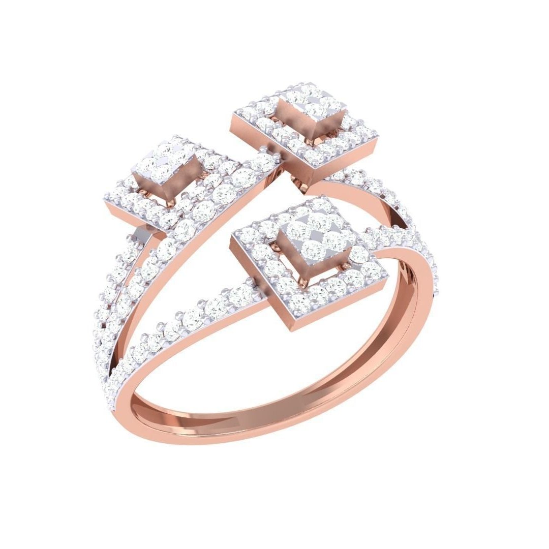 The Ana Diamond Ladies Ring by Niraa showcases three square gold and diamond clusters, each adorned with smaller gems. The band artistically splits to support the clusters, exuding a modern geometric charm. Includes a diamond certificate for assurance.