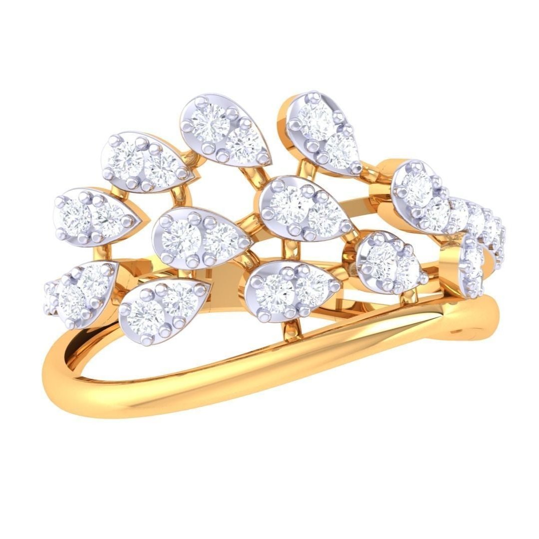 The Alexandra Diamond Ladies Ring by Niraa is a gold piece adorned with multiple teardrop-shaped, diamond-encrusted embellishments in a floral pattern.